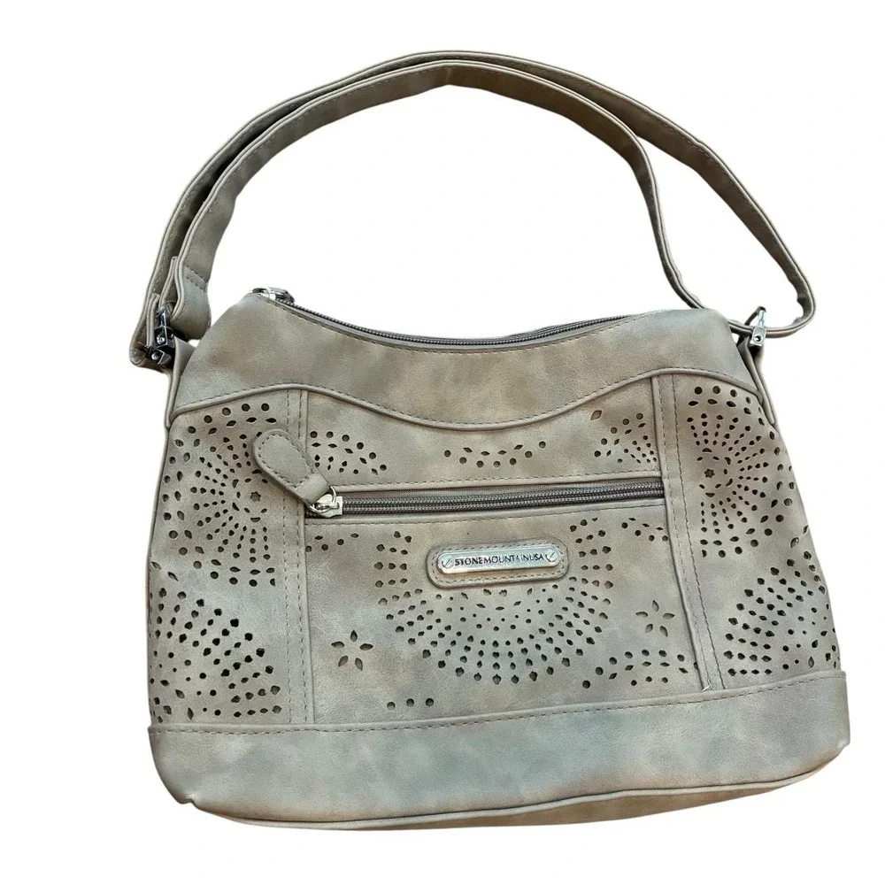 Stone Mountain Purse Hand‎ Bag Tooled Suede Taupe